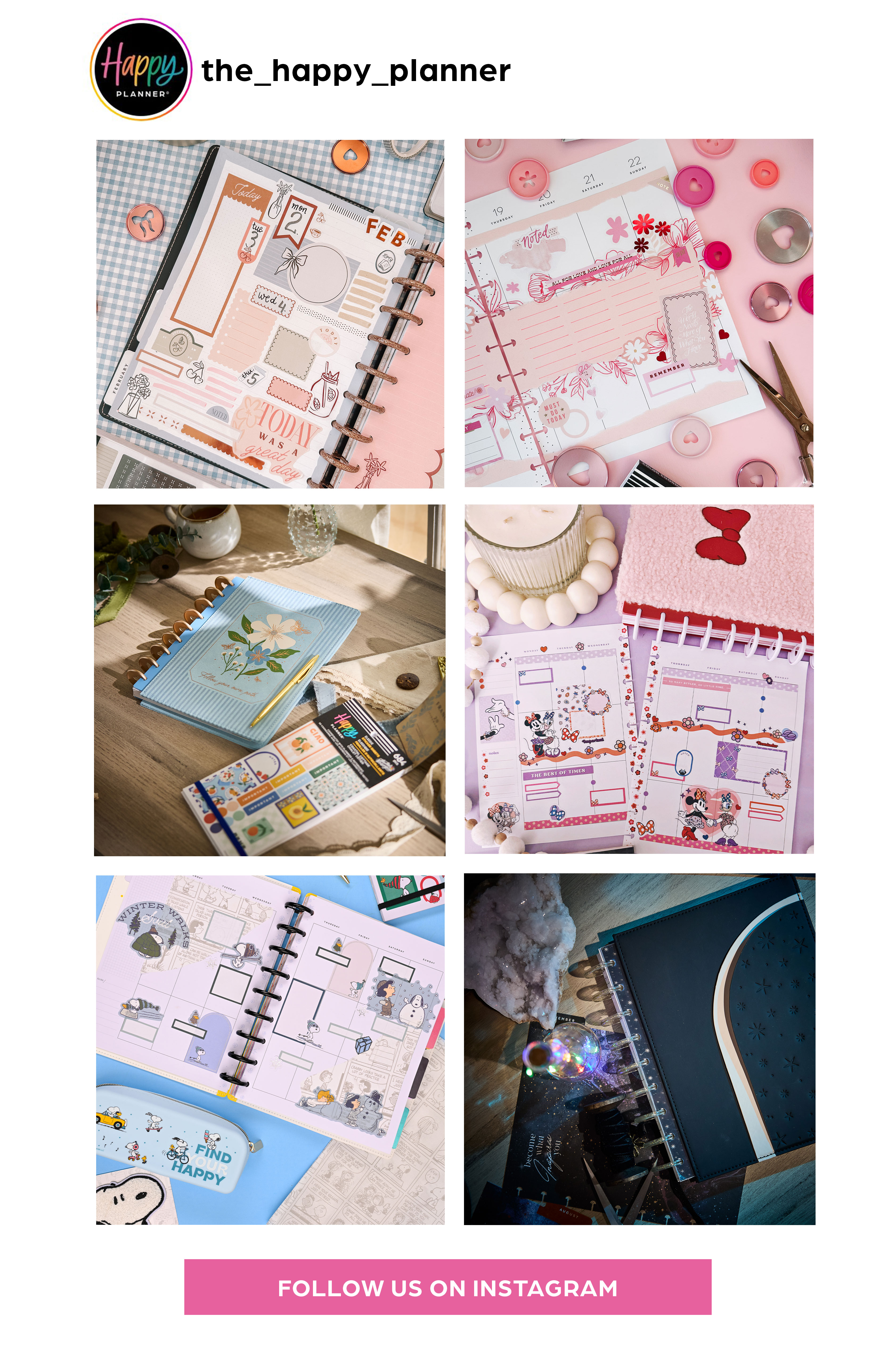 ```html
<img src=_image.html alt="Collage of planner pages with various designs, including floral, cartoon characters, and decorative buttons. Includes a 'Follow us on Instagram' banner." />
```